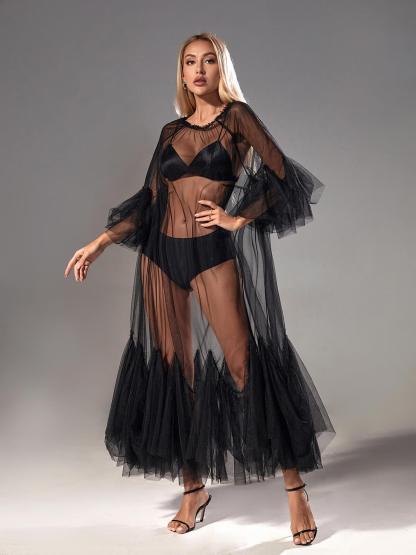 Tansy Pleated Mesh Dress In Black-Mix MIx Style
