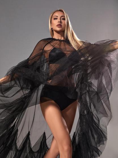 Tansy Pleated Mesh Dress In Black-Mix MIx Style