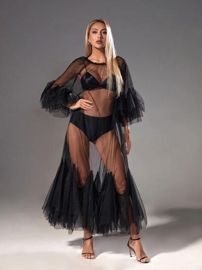 Tansy Pleated Mesh Dress In Black-Mix MIx Style