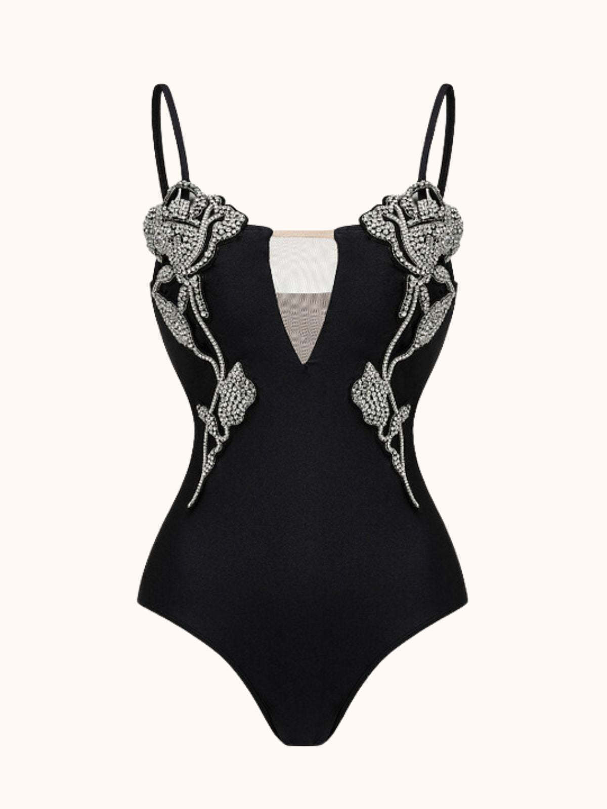Black V-Neck Crystal One Piece Swimsuit | Mix Mix Style-Mix MIx Style