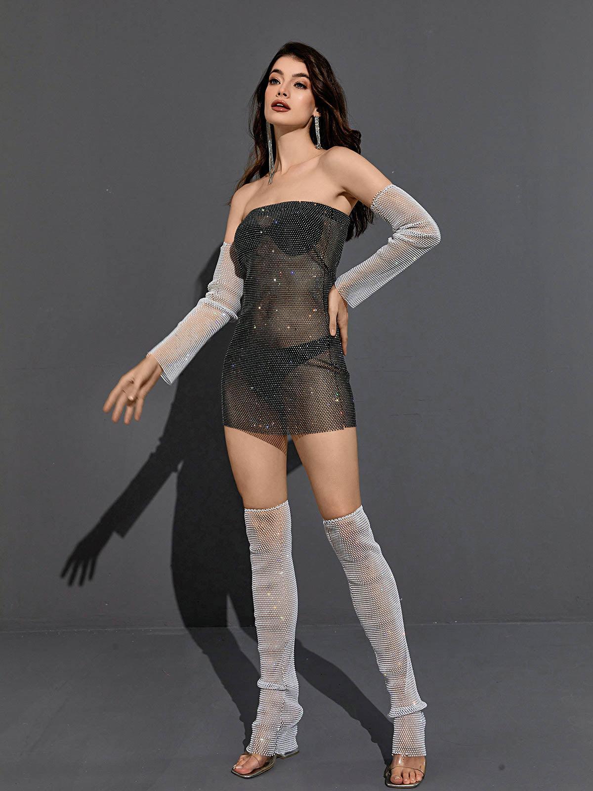 Thirza Strapless Mesh Diamond Mini Dress In Black-Mix MIx Style