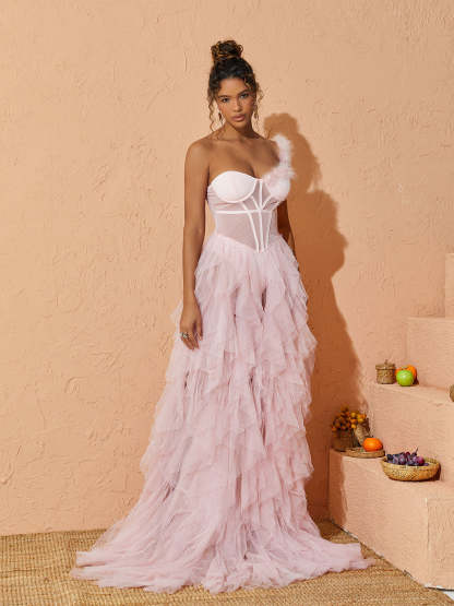 Pink One Shoulder Tulle Maxi Dress | Mix Mix Style [Hot Seller]-Mix MIx Style