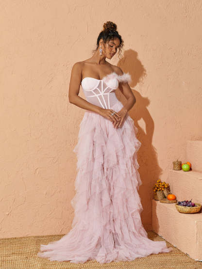 Pink One Shoulder Tulle Maxi Dress | Mix Mix Style [Hot Seller]-Mix MIx Style