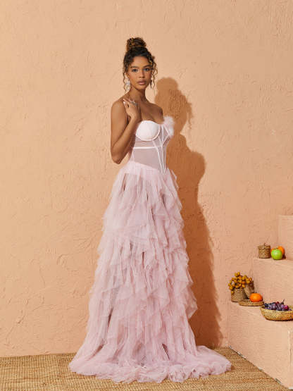 Pink One Shoulder Tulle Maxi Dress | Mix Mix Style [Hot Seller]-Mix MIx Style