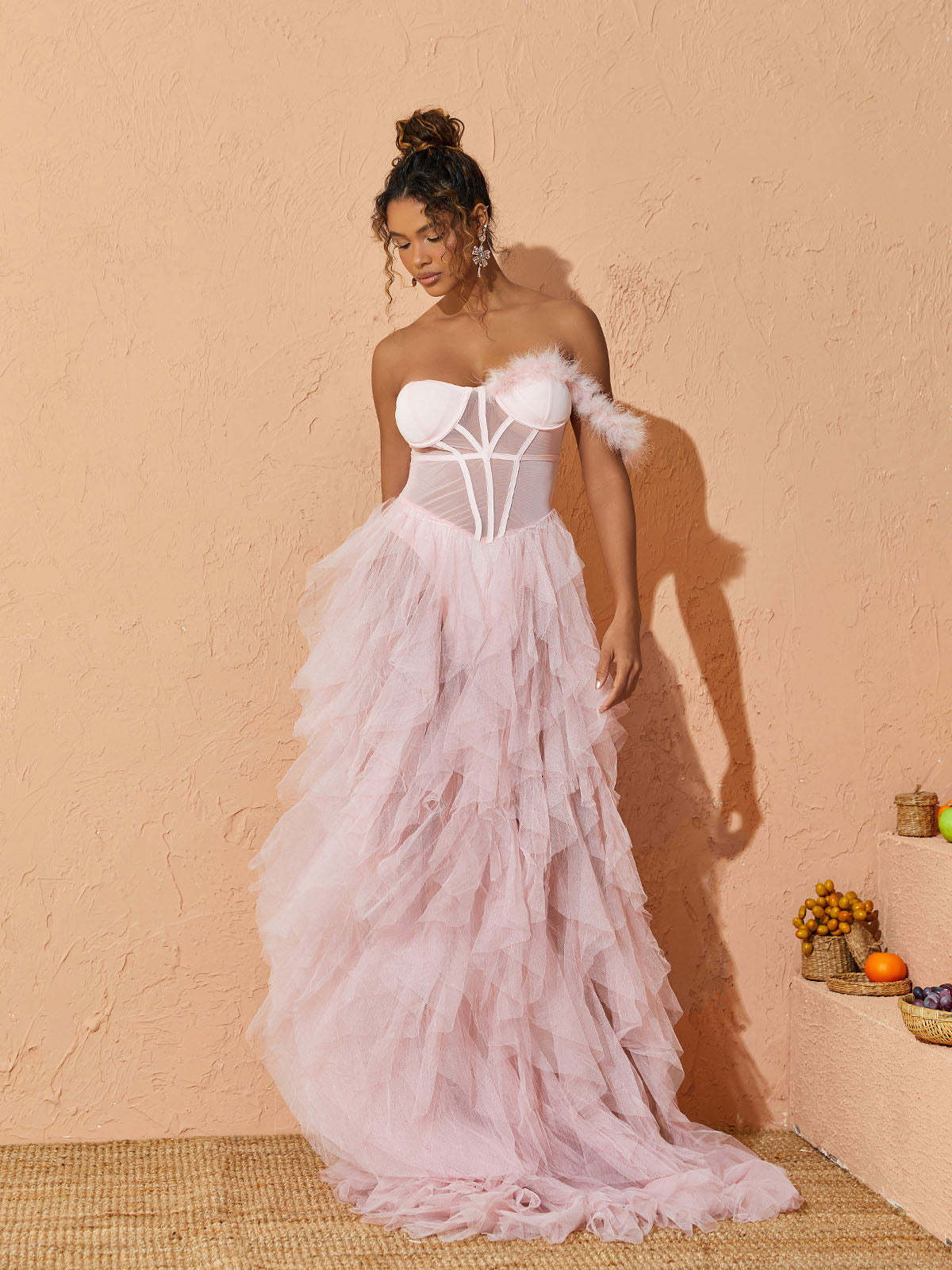 Pink One Shoulder Tulle Maxi Dress | Mix Mix Style [Hot Seller]-Mix MIx Style