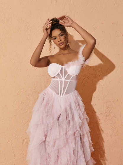 Pink One Shoulder Tulle Maxi Dress | Mix Mix Style [Hot Seller]-Mix MIx Style