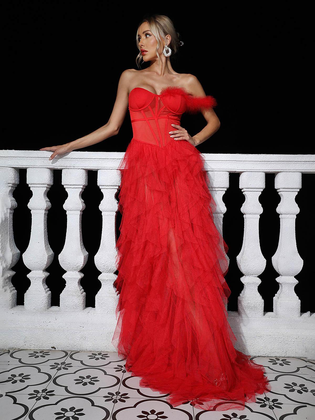 Red One Shoulder Tulle Maxi Dress | Mix Mix Style [Hot Seller]-Mix MIx Style
