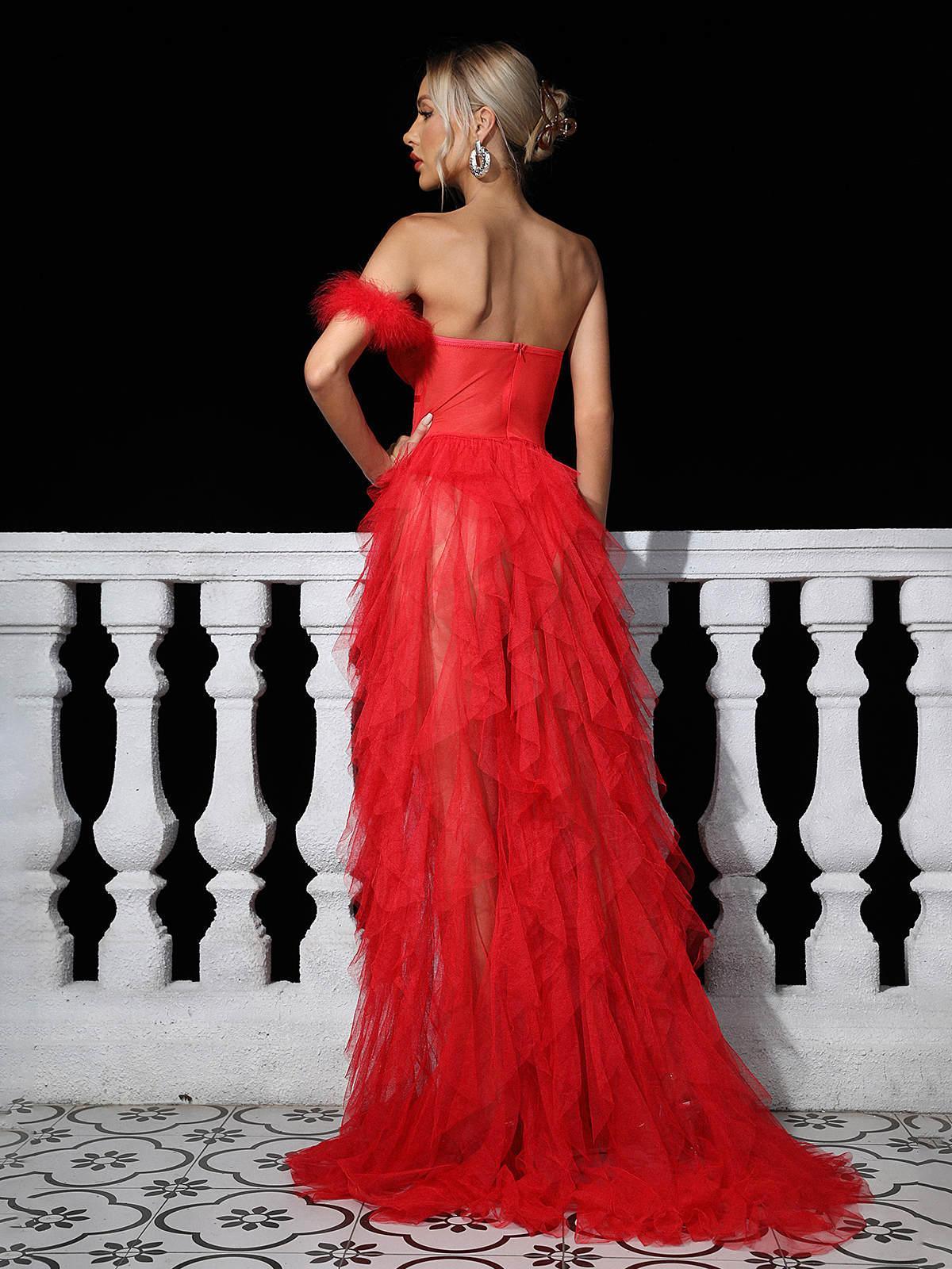 Red One Shoulder Tulle Maxi Dress | Mix Mix Style [Hot Seller]-Mix MIx Style