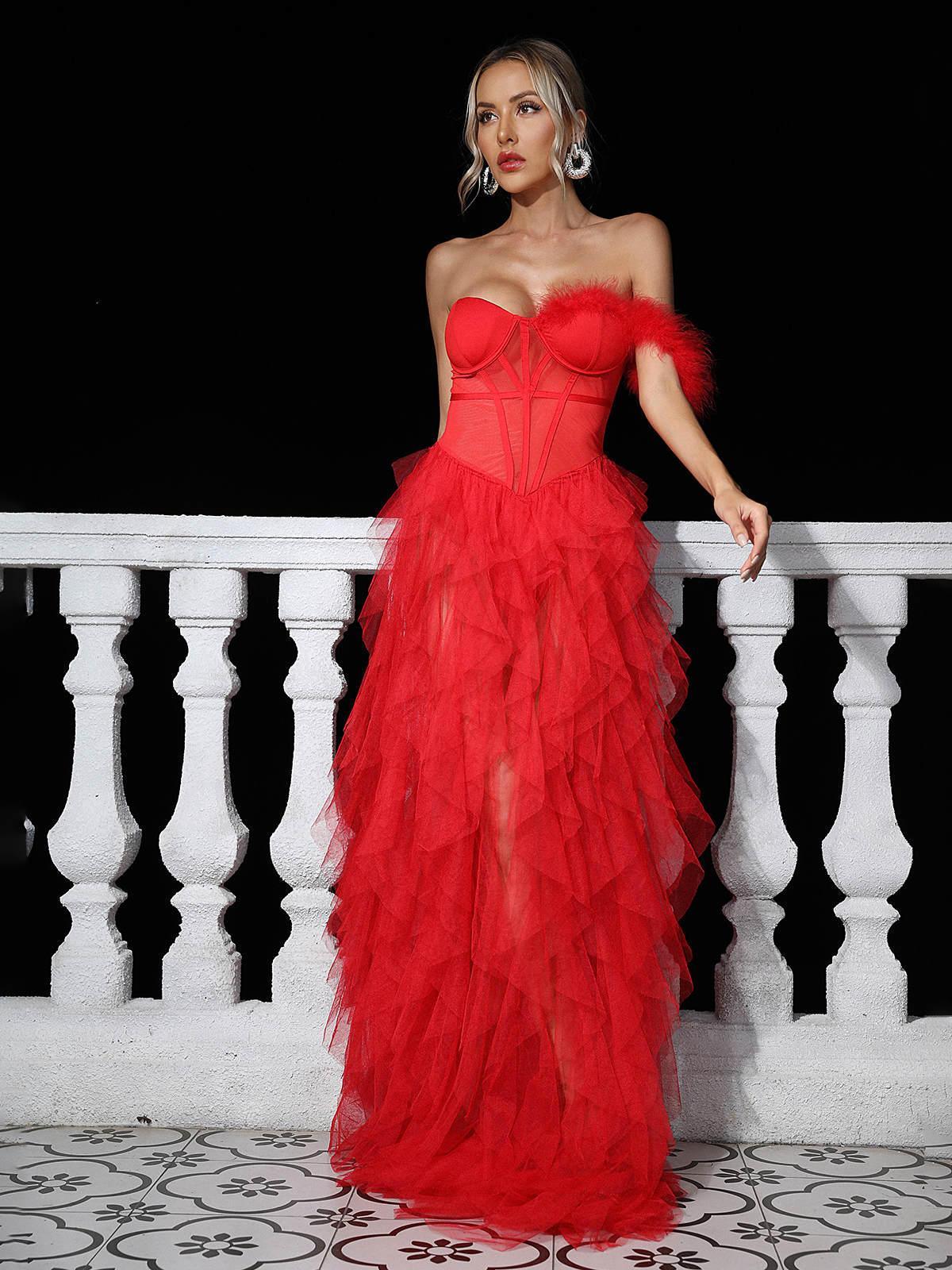 Red One Shoulder Tulle Maxi Dress | Mix Mix Style [Hot Seller]-Mix MIx Style