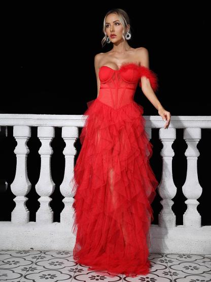 Red One Shoulder Tulle Maxi Dress | Mix Mix Style [Hot Seller]-Mix MIx Style