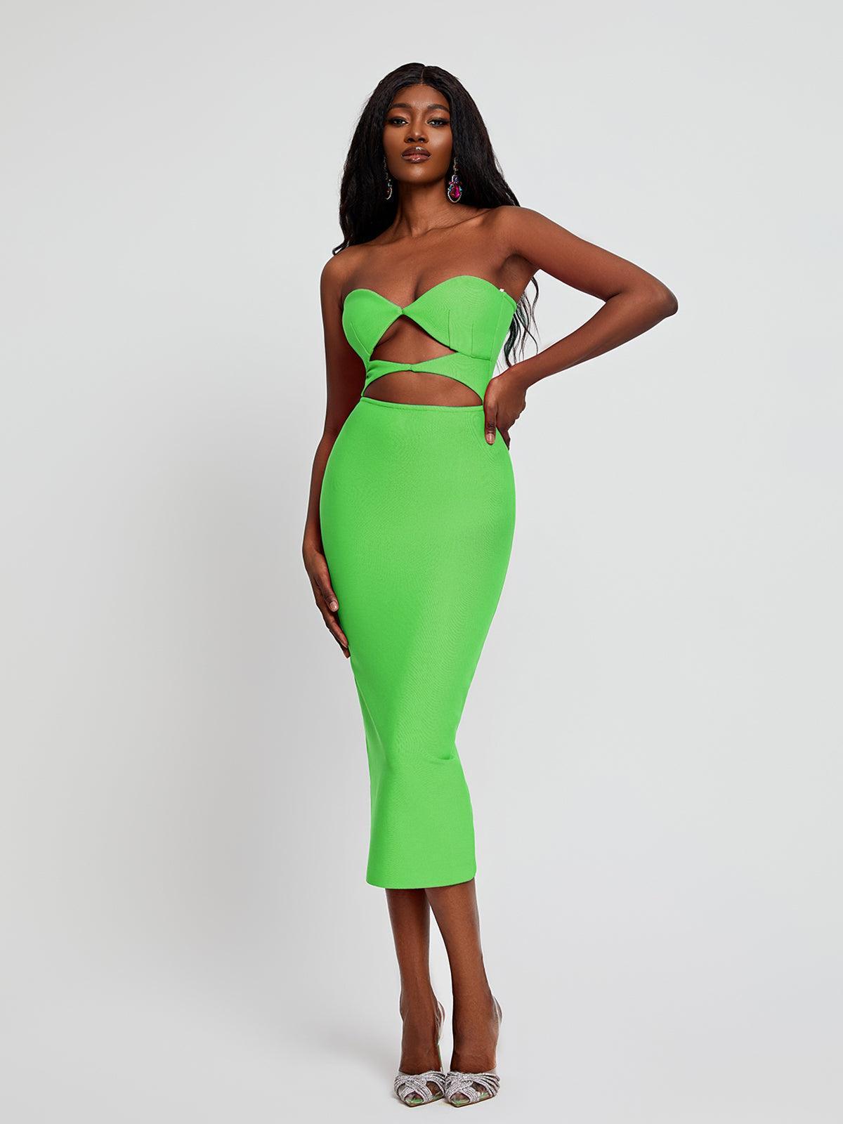 Uma Strapless Cutout Bandage Dress In Green-Mix MIx Style