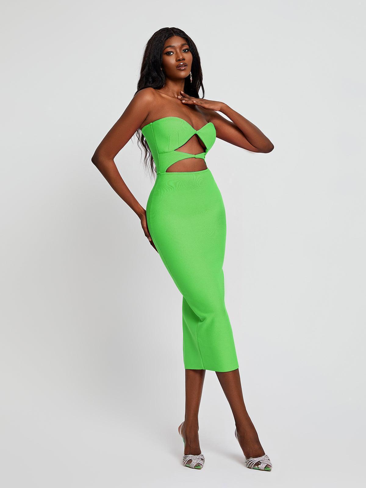 Uma Strapless Cutout Bandage Dress In Green-Mix MIx Style