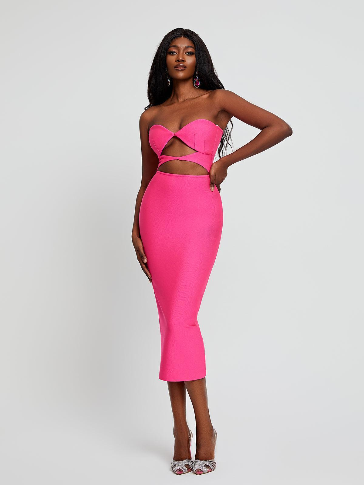 Uma Strapless Cutout Bandage Dress In Hot Pink-Mix MIx Style