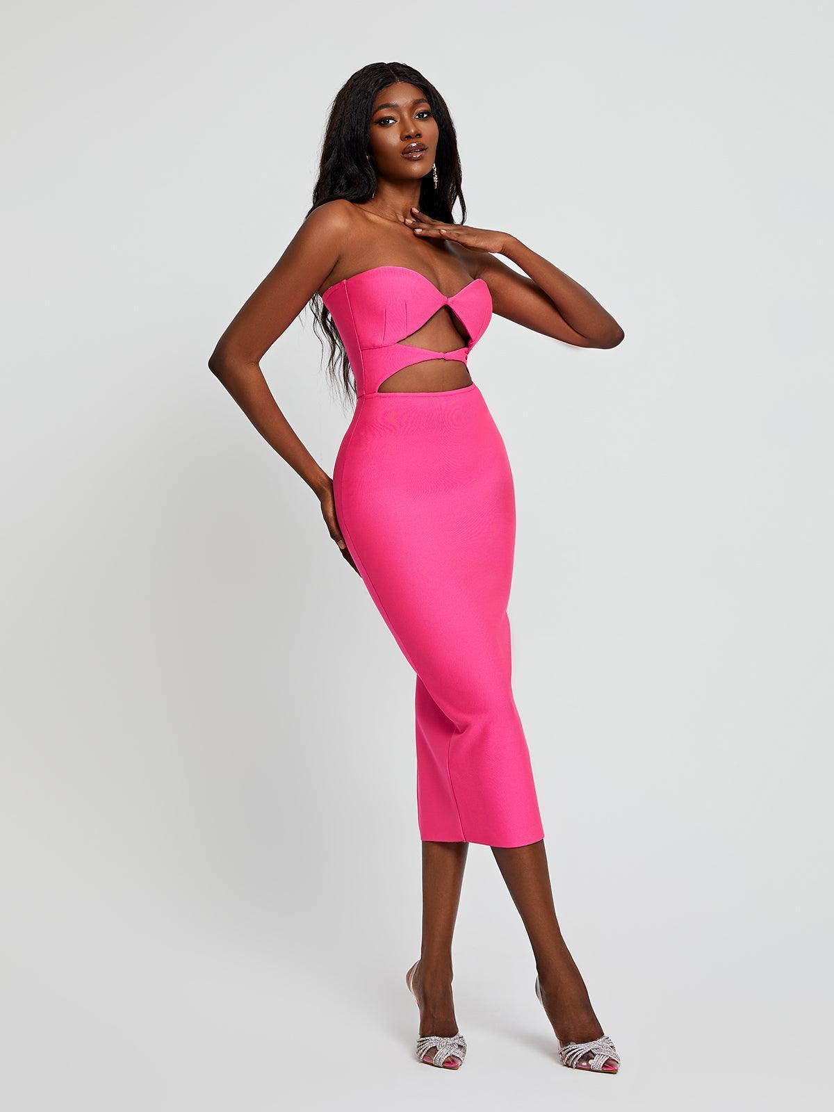 Uma Strapless Cutout Bandage Dress In Hot Pink-Mix MIx Style
