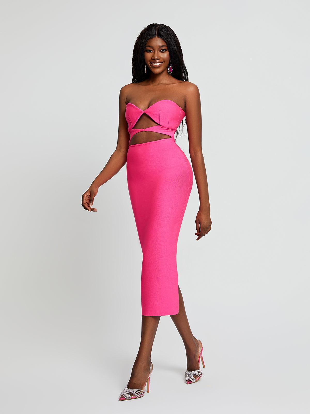 Uma Strapless Cutout Bandage Dress In Hot Pink-Mix MIx Style
