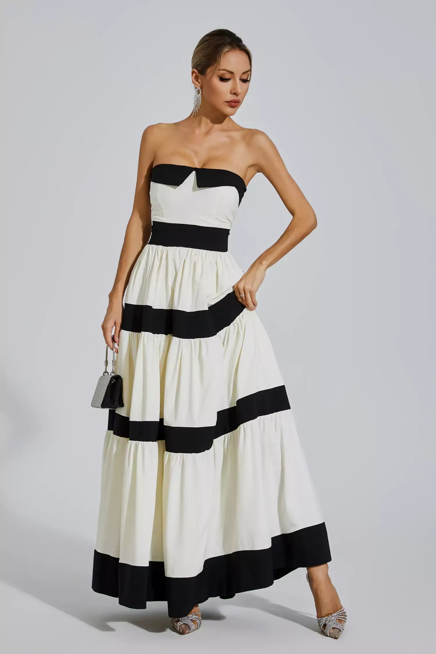 Black & White Strapless Striped Pleated Bowknot Summer Party Maxi Dress | Mix Mix Style