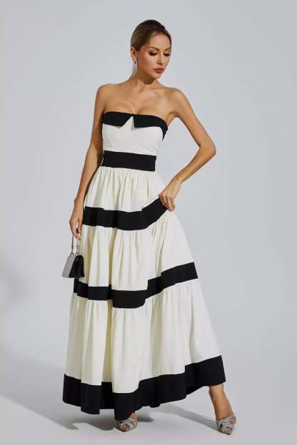 Black & White Strapless Striped Pleated Bowknot Summer Party Maxi Dress | Mix Mix Style
