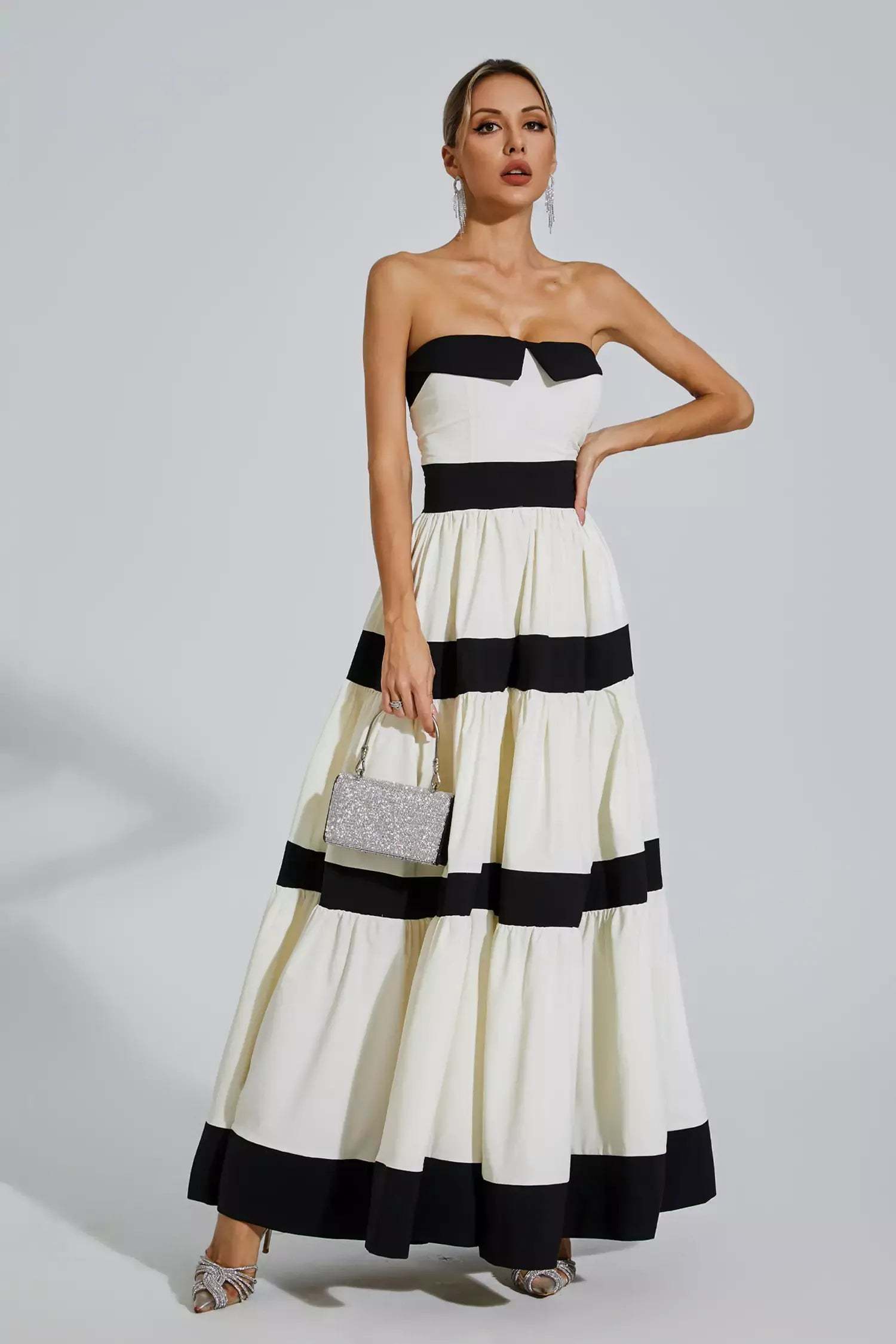 Black & White Strapless Striped Pleated Bowknot Summer Party Maxi Dress | Mix Mix Style
