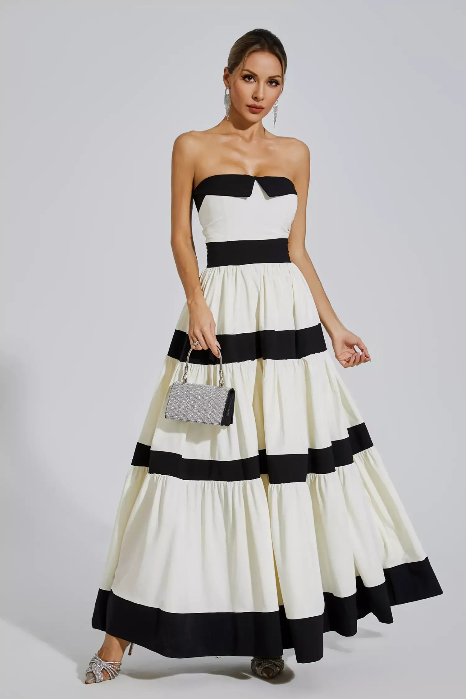 Black & White Strapless Striped Pleated Bowknot Summer Party Maxi Dress | Mix Mix Style