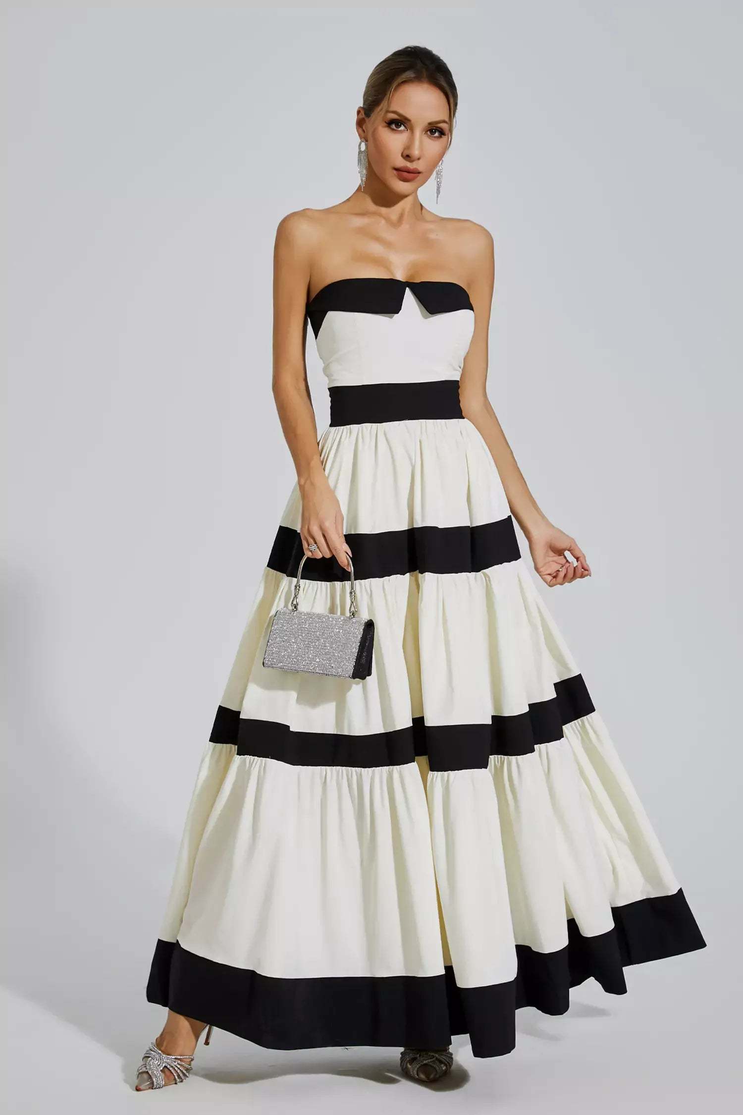 Black & White Strapless Striped Pleated Bowknot Summer Party Maxi Dress | Mix Mix Style-Mix MIx Style