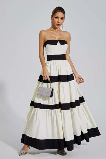 Black & White Strapless Striped Pleated Bowknot Summer Party Maxi Dress | Mix Mix Style
