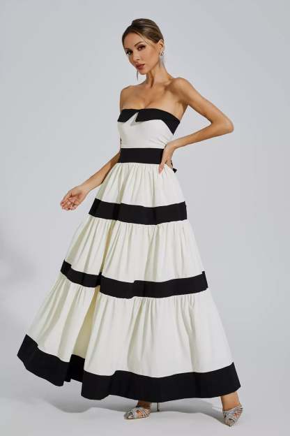 Black & White Strapless Striped Pleated Bowknot Summer Party Maxi Dress | Mix Mix Style