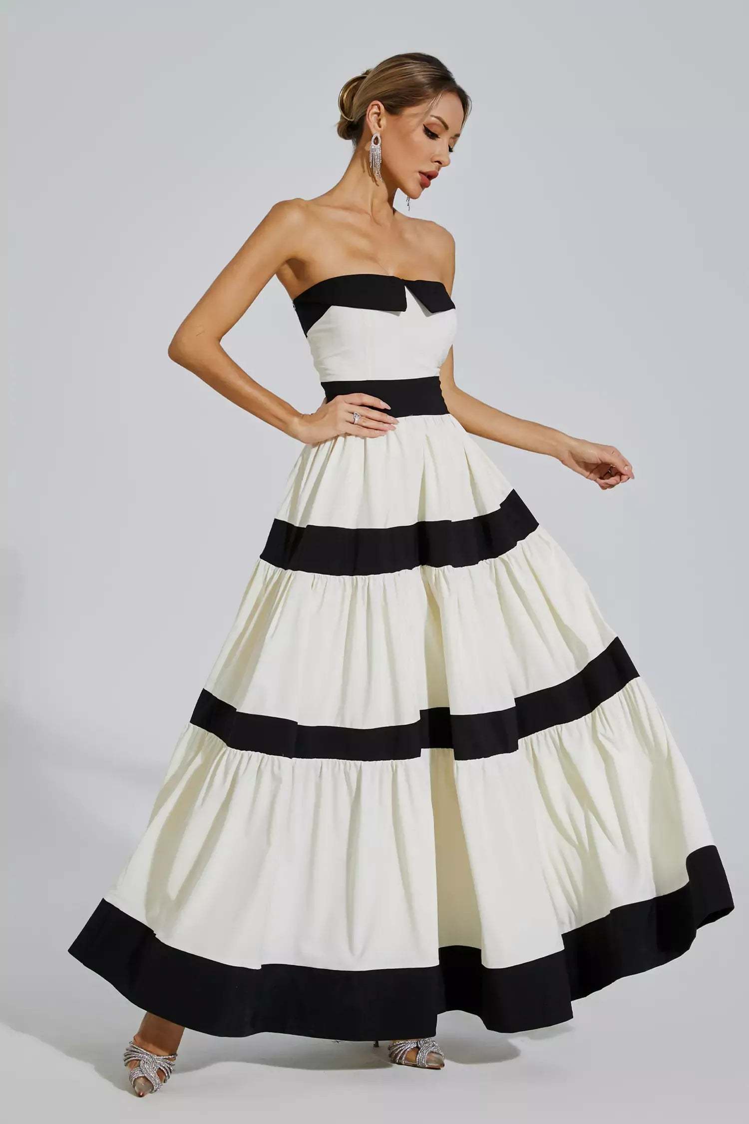 Black & White Strapless Striped Pleated Bowknot Summer Party Maxi Dress | Mix Mix Style