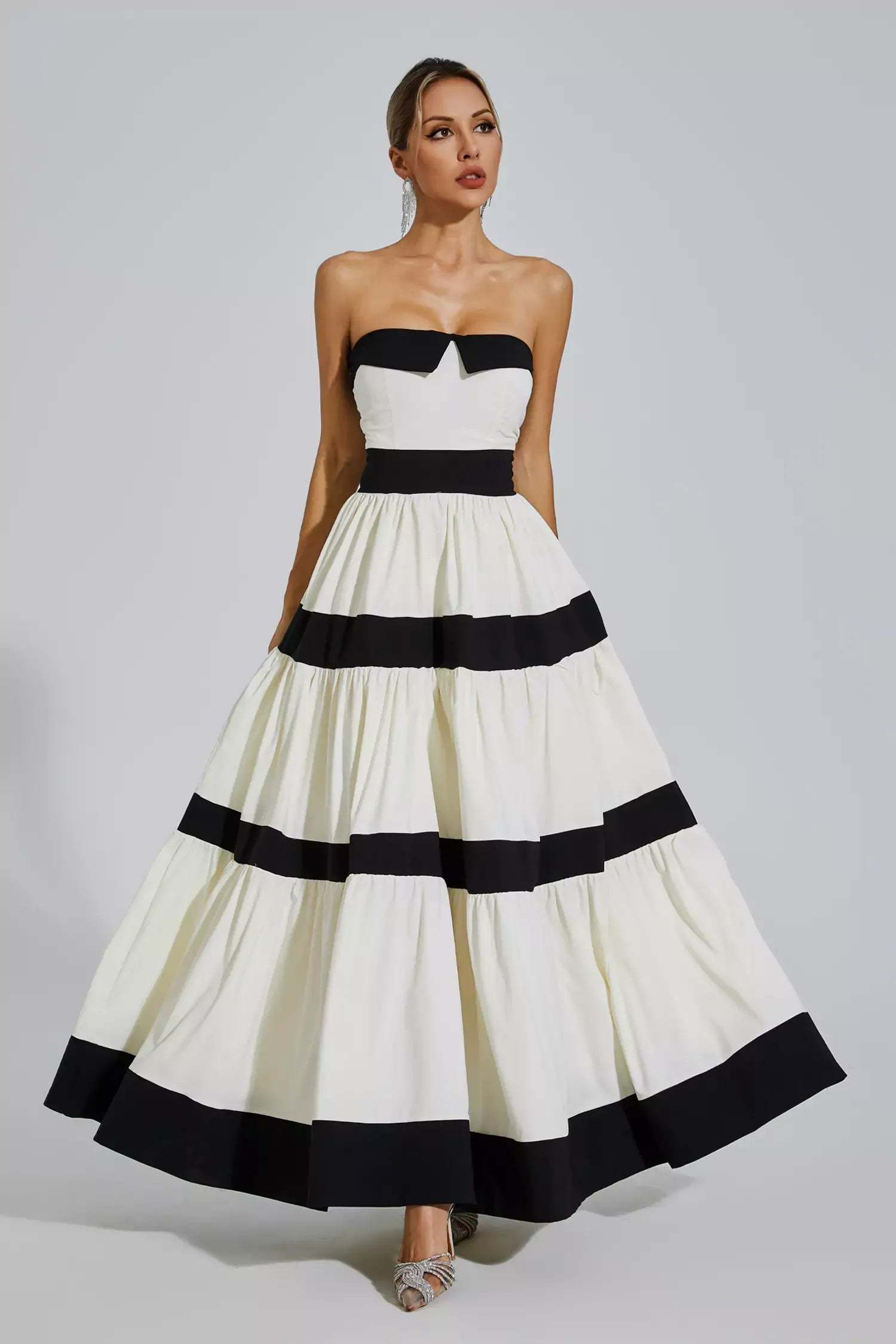 Black & White Strapless Striped Pleated Bowknot Summer Party Maxi Dress | Mix Mix Style