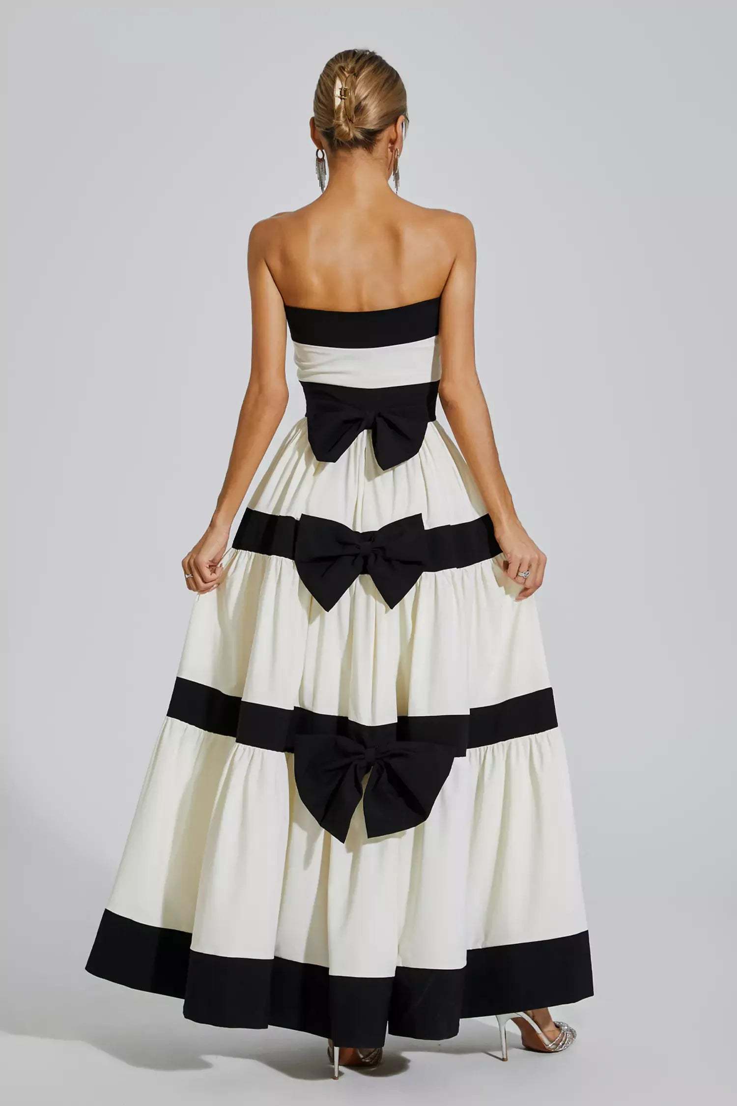 Black & White Strapless Striped Pleated Bowknot Summer Party Maxi Dress | Mix Mix Style