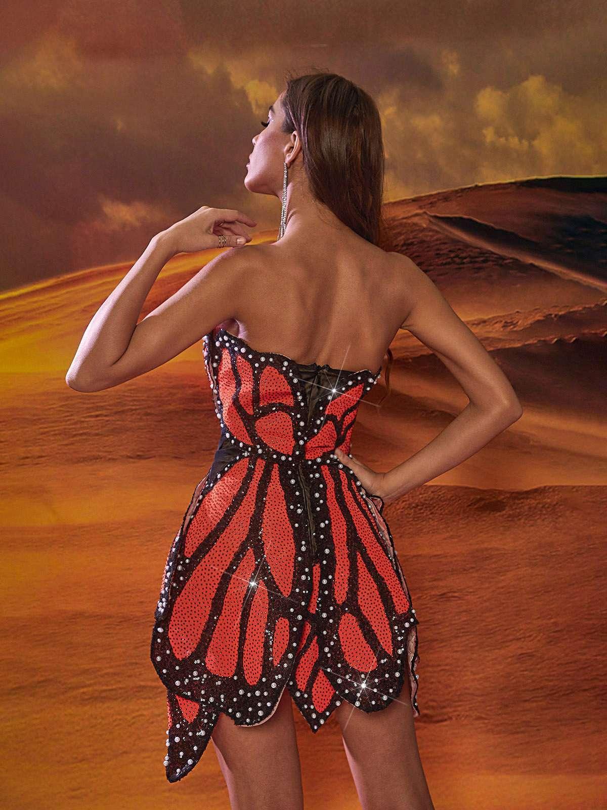 Red Butterfly Sequin Pearl Mini Dress | Mix Mix Style [Hot Seller]-Mix MIx Style