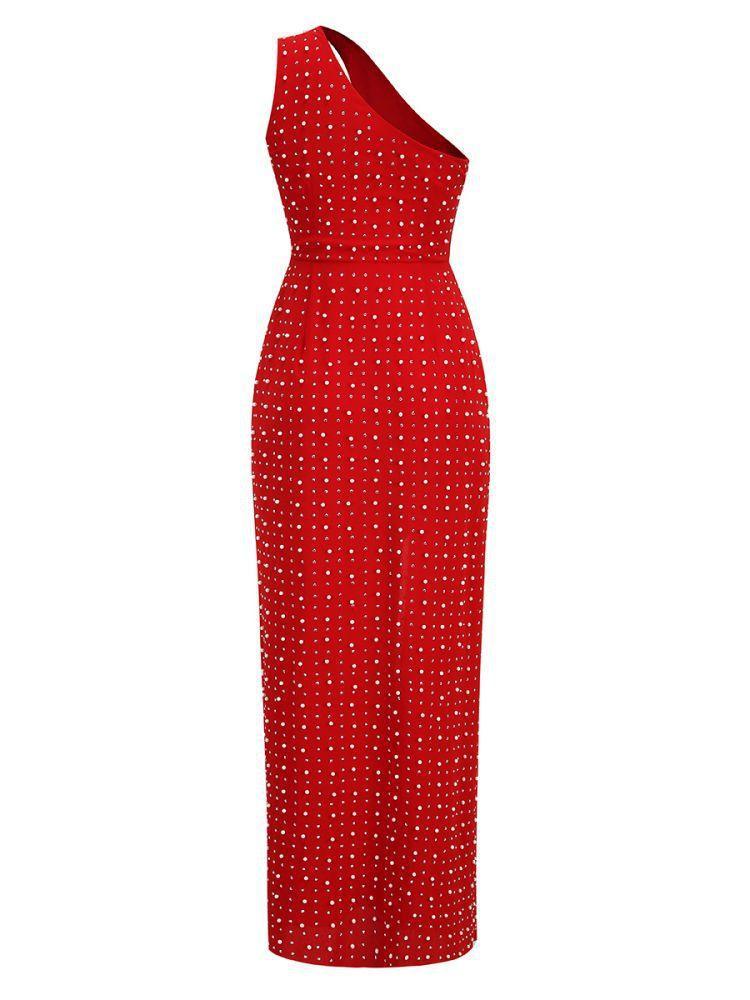 Red One Shoulder Cutout Slit Maxi Dress | Mix Mix Style [Hot Seller]-Mix MIx Style