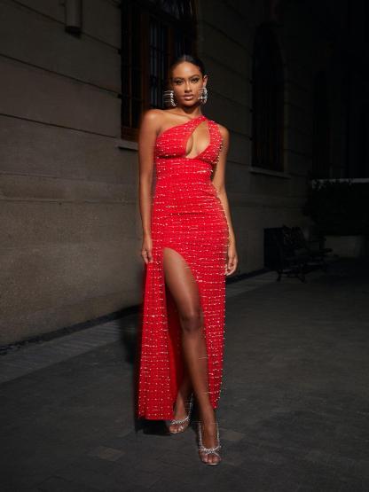 Red One Shoulder Cutout Slit Maxi Dress | Mix Mix Style [Hot Seller]-Mix MIx Style