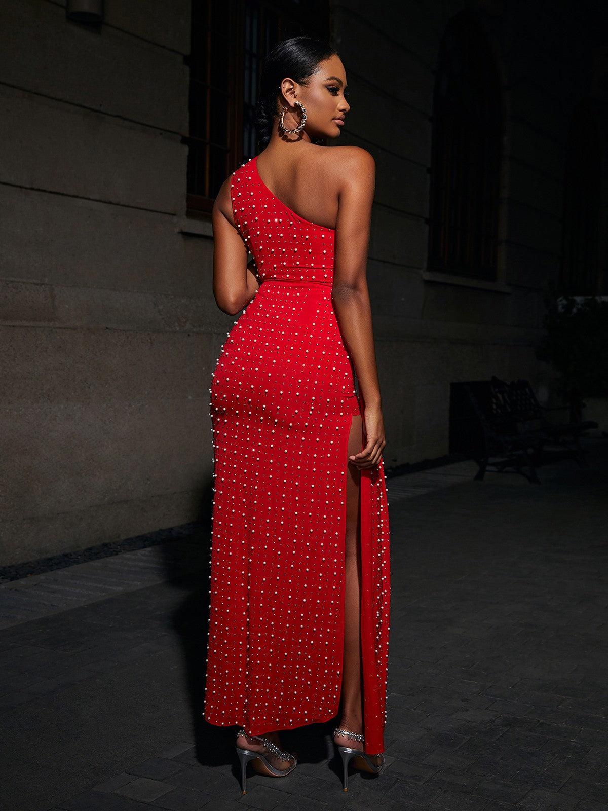 Red One Shoulder Cutout Slit Maxi Dress | Mix Mix Style [Hot Seller]-Mix MIx Style