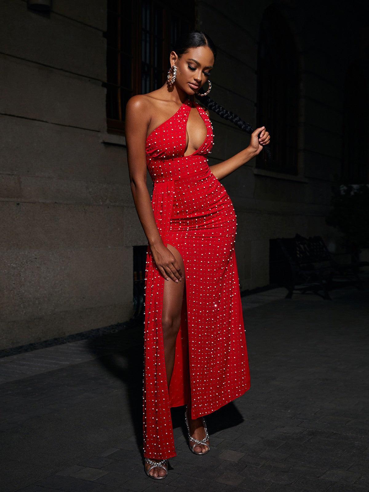 Red One Shoulder Cutout Slit Maxi Dress | Mix Mix Style [Hot Seller]-Mix MIx Style