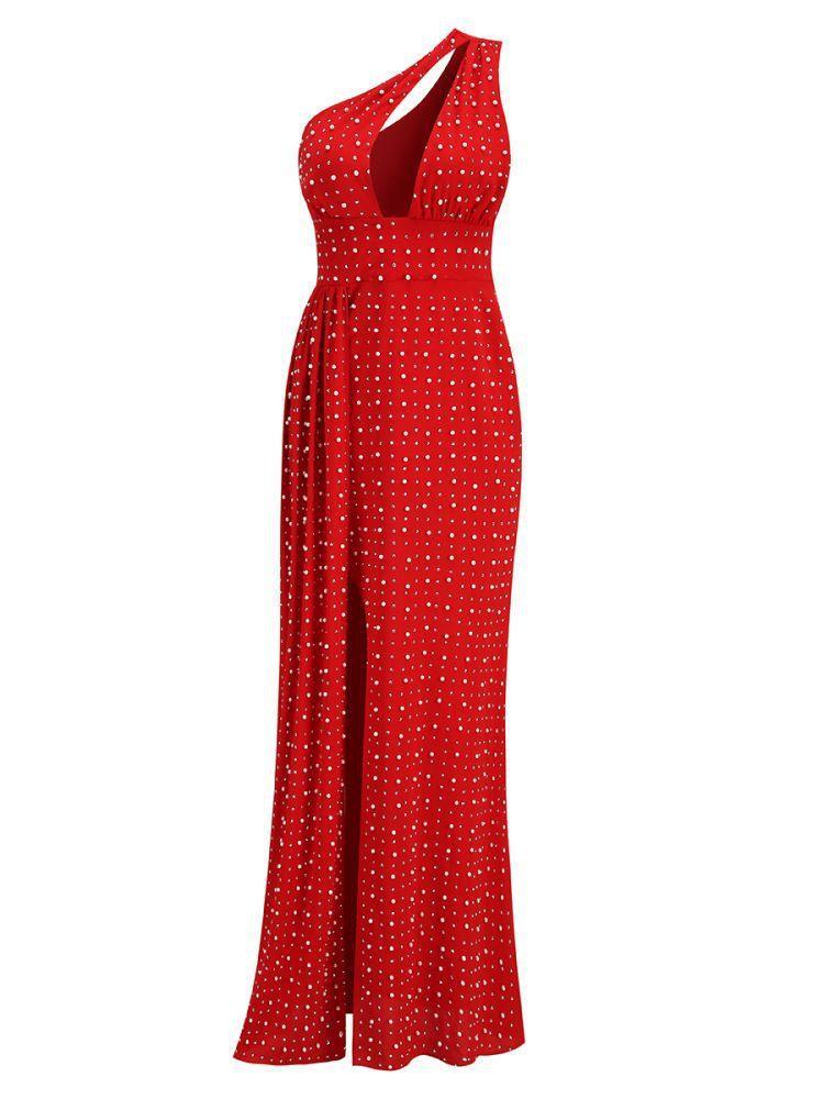 Red One Shoulder Cutout Slit Maxi Dress | Mix Mix Style [Hot Seller]-Mix MIx Style