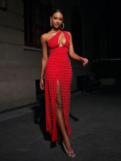 Red One Shoulder Cutout Slit Maxi Dress | Mix Mix Style [Hot Seller]-Mix MIx Style