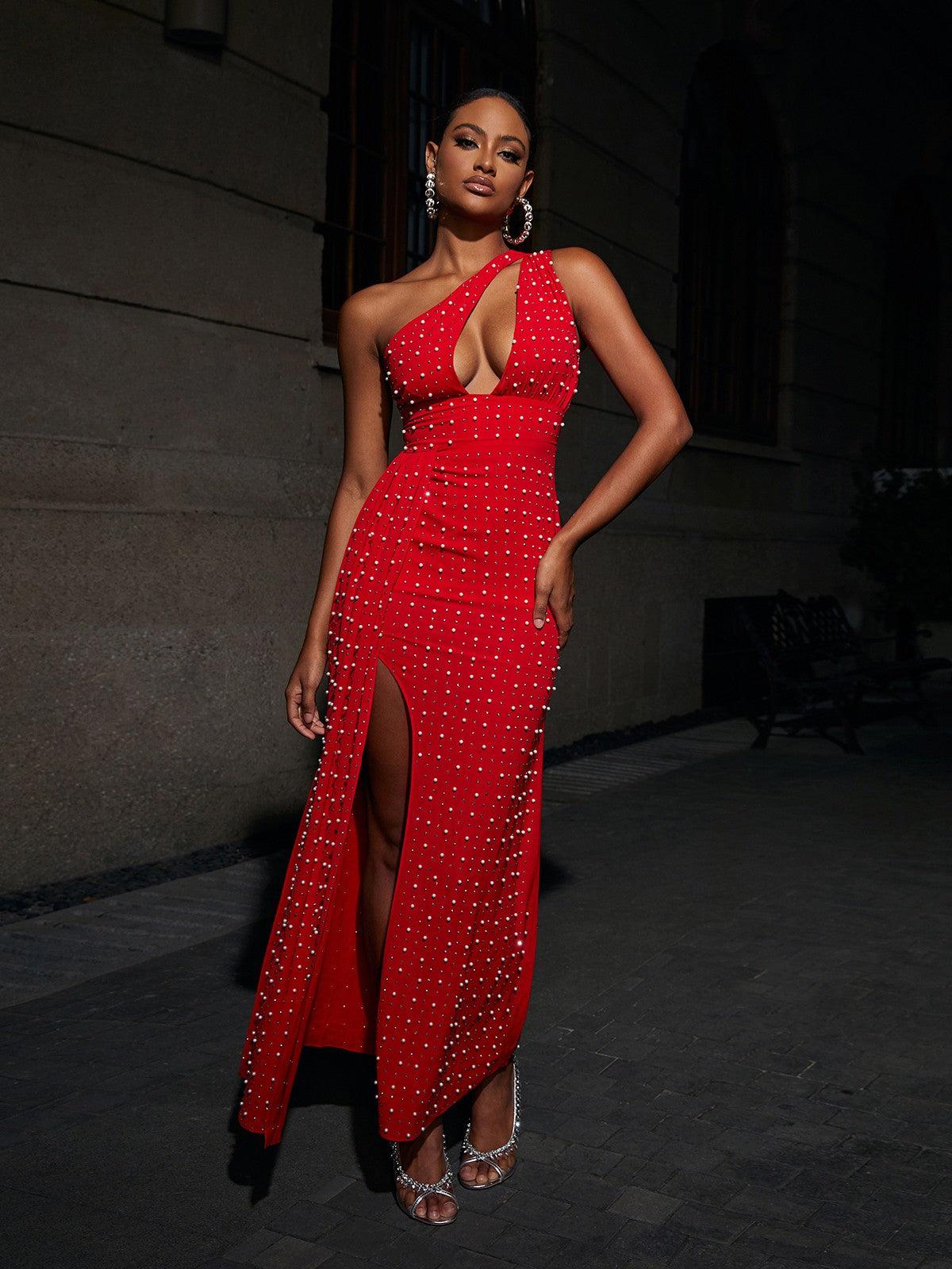 Red One Shoulder Cutout Slit Maxi Dress | Mix Mix Style [Hot Seller]-Mix MIx Style