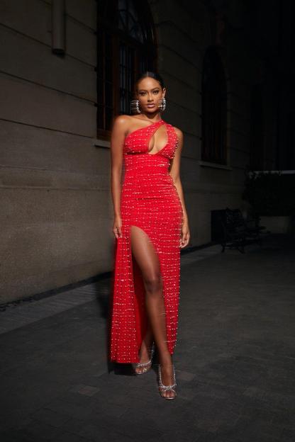 Red One Shoulder Cutout Slit Maxi Dress | Mix Mix Style [Hot Seller]-Mix MIx Style