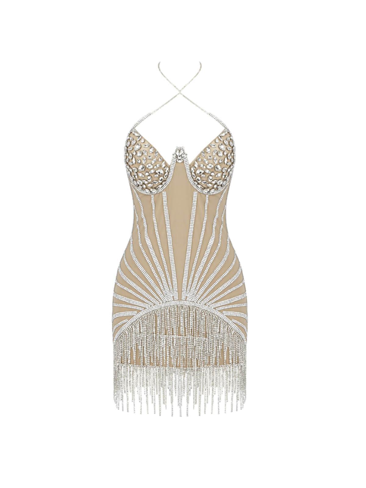 Nude Halterneck Embellished Fringe Mini Dress | Mix Mix Style [Hot Seller]-Mix MIx Style