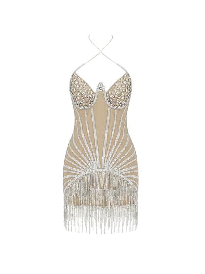 Nude Halterneck Embellished Fringe Mini Dress | Mix Mix Style [Hot Seller]-Mix MIx Style