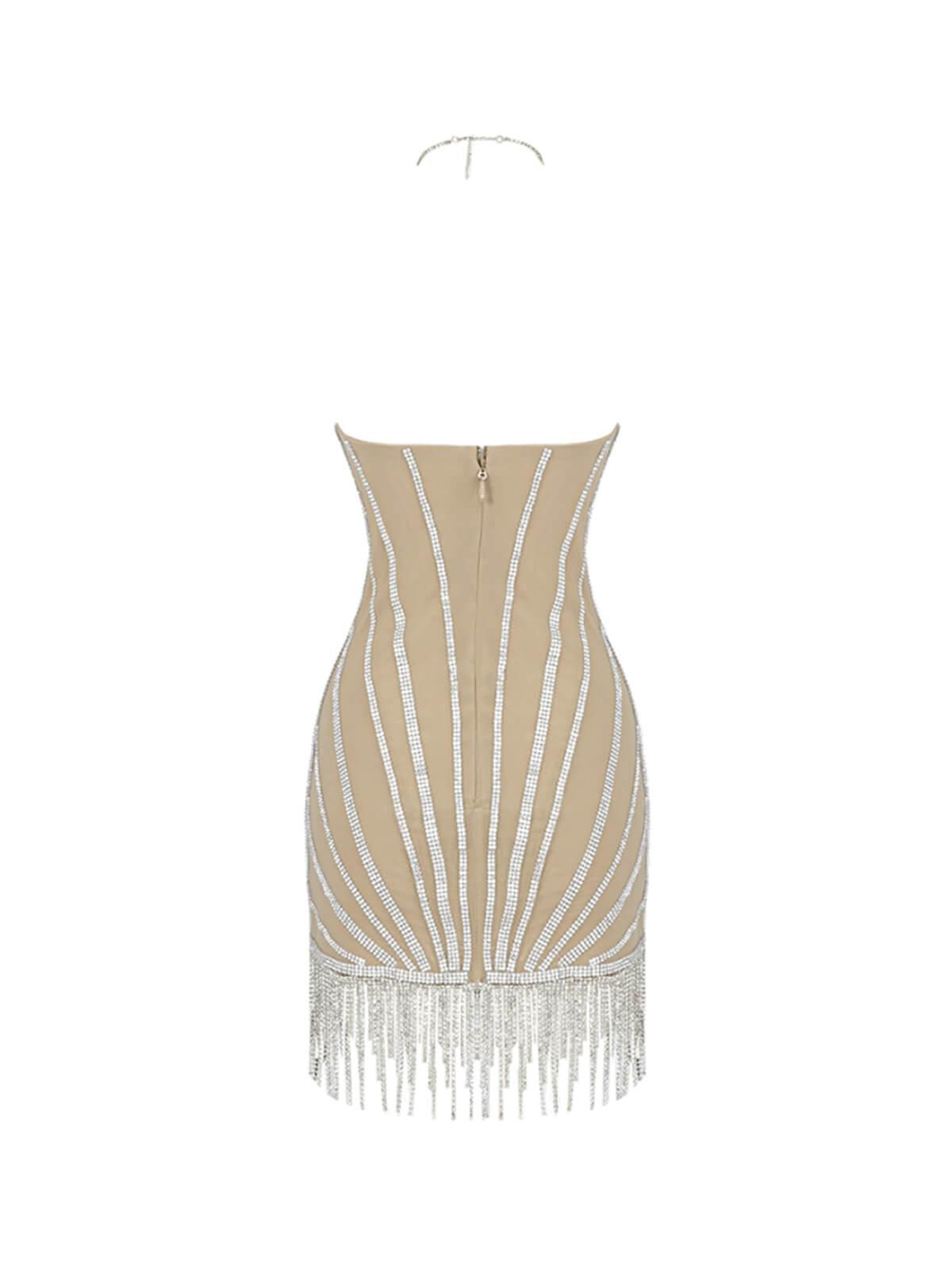 Nude Halterneck Embellished Fringe Mini Dress | Mix Mix Style [Hot Seller]-Mix MIx Style