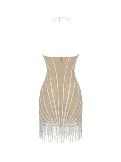 Nude Halterneck Embellished Fringe Mini Dress | Mix Mix Style [Hot Seller]-Mix MIx Style
