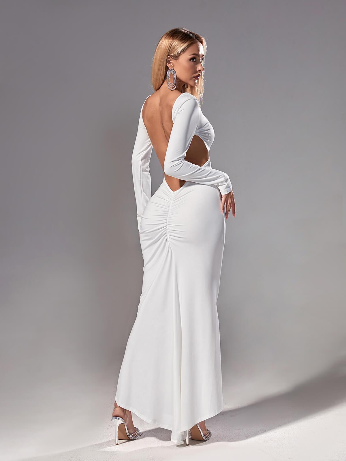 White Long Sleeve Backless Maxi Dress | Mix Mix Style [Hot Seller]-Mix MIx Style