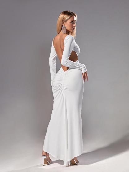 White Long Sleeve Backless Maxi Dress | Mix Mix Style [Hot Seller]-Mix MIx Style