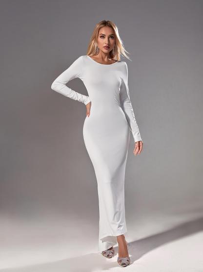 White Long Sleeve Backless Maxi Dress | Mix Mix Style [Hot Seller]-Mix MIx Style