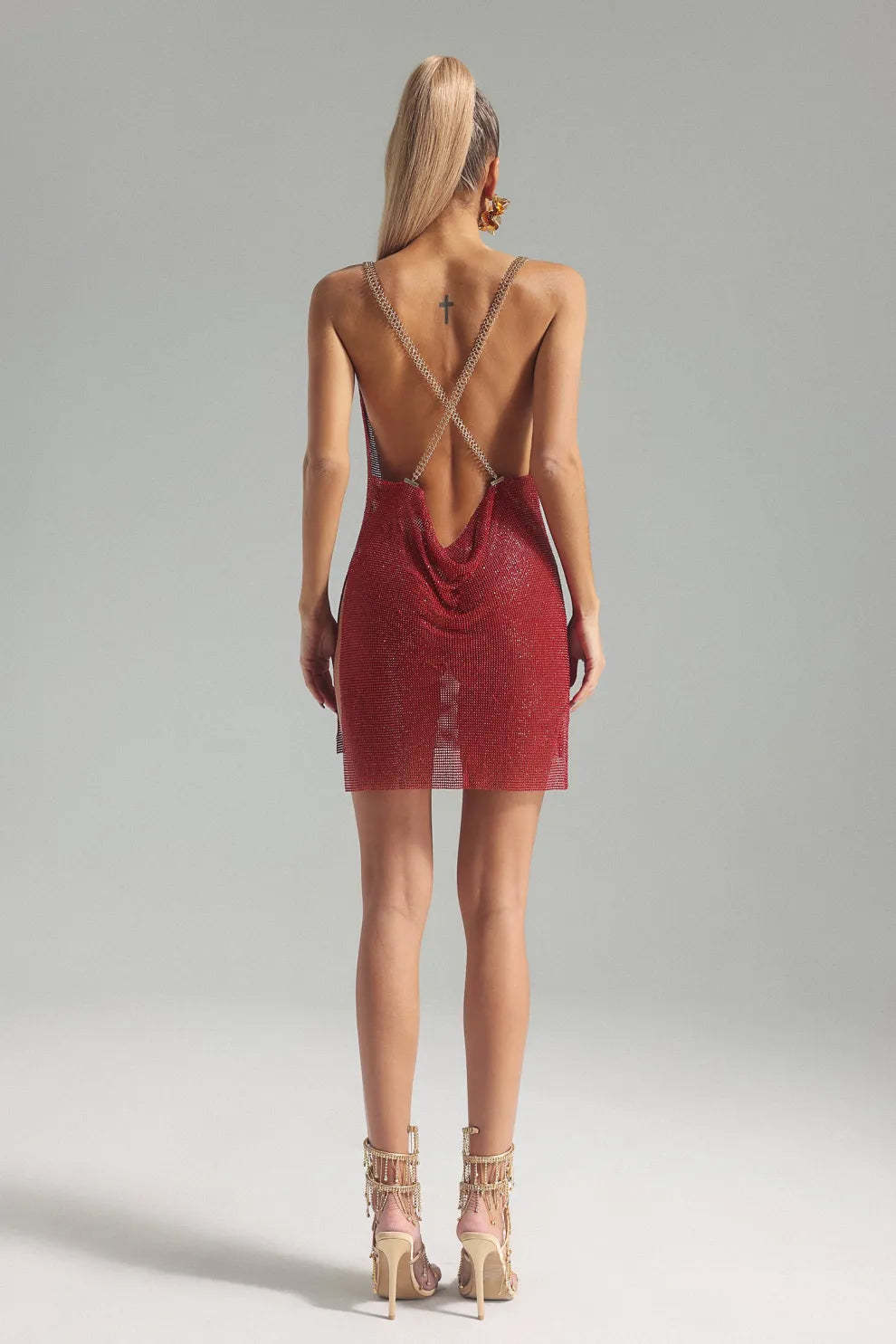 Red chain straps full diamonate draped slip cocktail party Mini Dress | Mix Mix Style