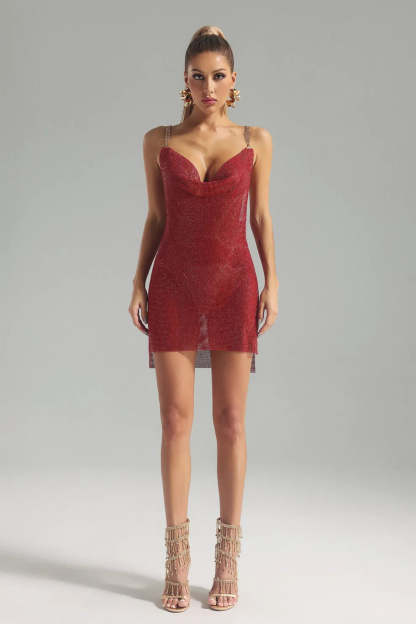 Red chain straps full diamonate draped slip cocktail party Mini Dress | Mix Mix Style