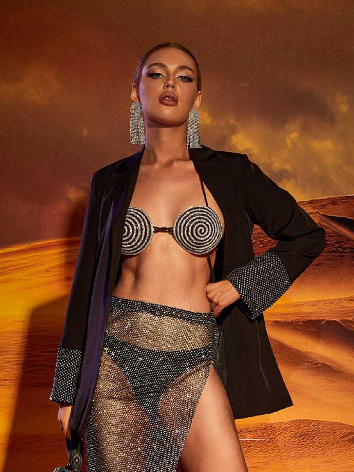 Black Mesh Diamond Long Sleeve Blazer | Mix Mix Style [Hot Seller]-Mix MIx Style