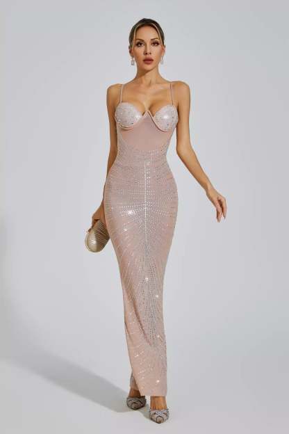 Apricot Strapless Suspender Ruched Embellished Sequins Summer Party Maxi Dress | Mix Mix Style
