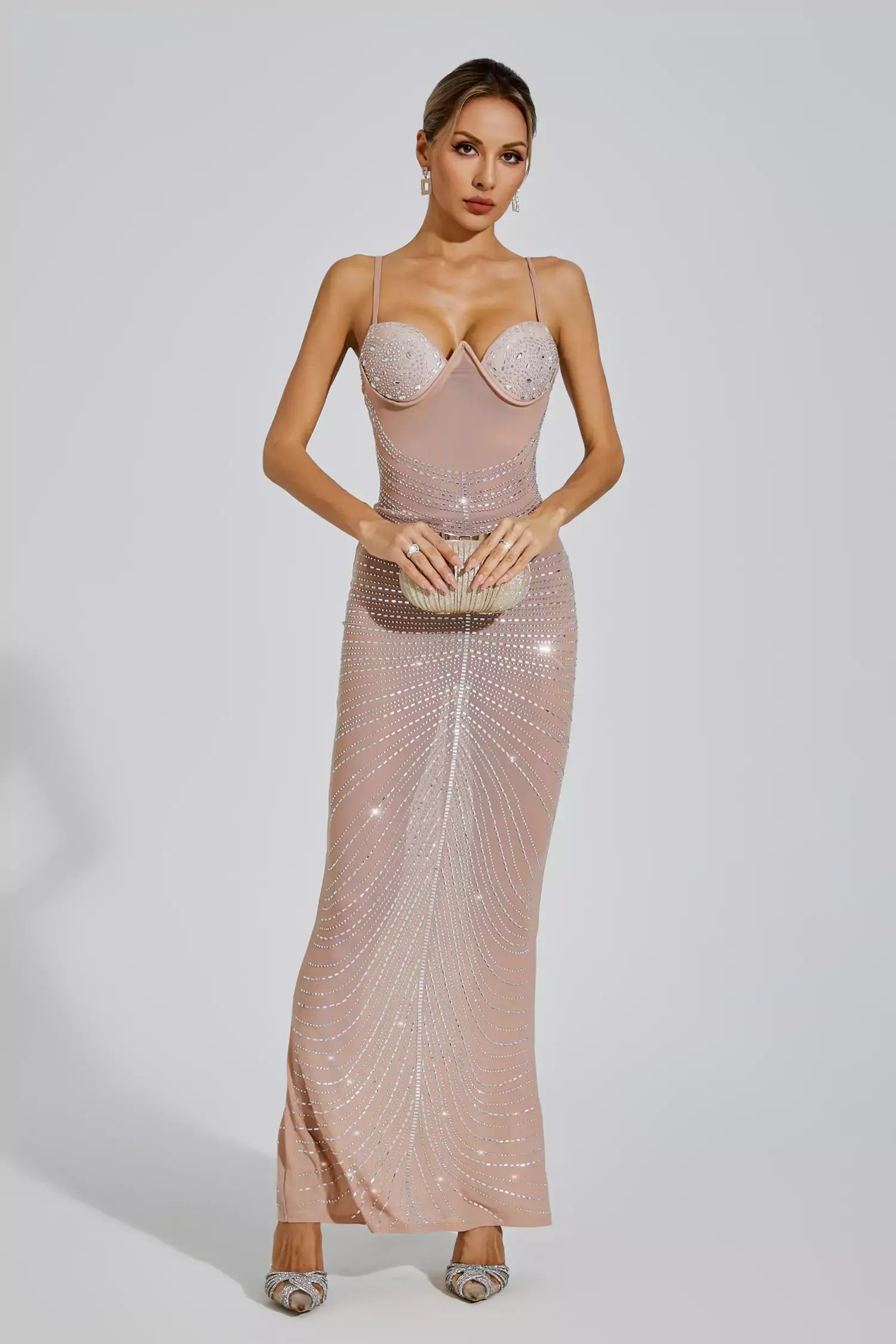 Apricot Strapless Suspender Ruched Embellished Sequins Summer Party Maxi Dress | Mix Mix Style